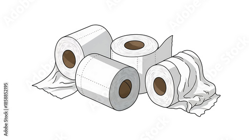 Four white toilet paper rolls with brown cores, some partially unwound, isolated on a clean white background