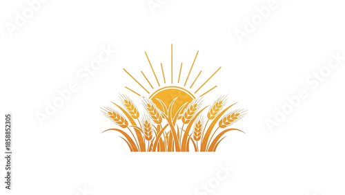 Graphic illustration of golden wheat ears and stalks with a radiating sun, symbolizing agriculture