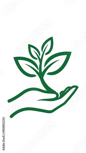 Green outline of a human hand gently holding a vibrant green plant sprout with multiple leaves on white