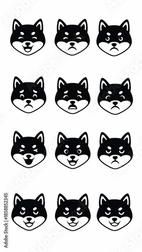 Grid of black and white cartoon dog faces displaying a range of emotions from happy to sad