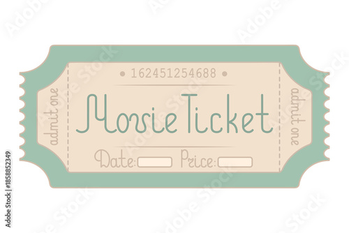 Movie. Green ticket admit one. Date and price are indicated. Handwritten lettering. Color vector illustration. Tear-off ticket with a number. Isolated on white background. 