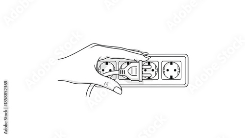 Hand inserting an electrical plug into a power strip with multiple outlets, black and white line art