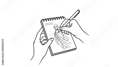 Hands sketching a fashion dress design on a spiral-bound notebook with a pen in black and white line art