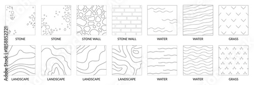 Landscape geographic icons depicting stone, a stone wall, land, water, and grassy terrain vector texture	
