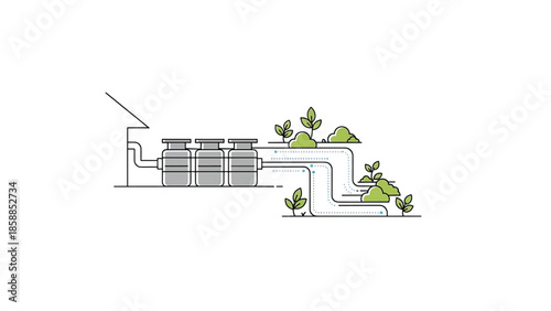 Illustration of a water filtration system from a house leading to an irrigation system for lush green plants
