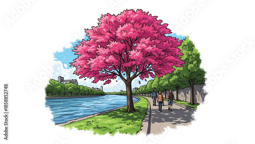 Illustration of a vibrant pink blossom tree beside a river, with people walking on a path