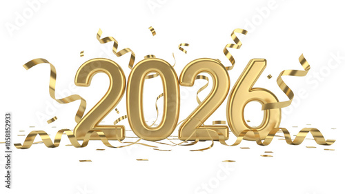 Golden 2026 celebration with confetti and ribbons in bright shiny gold on white background for New Years Eve party