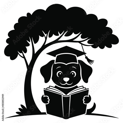 Educated dog reading book under tree symbolizes wisdom and learning for educational concepts and scholastic achievements in peaceful and natural setting