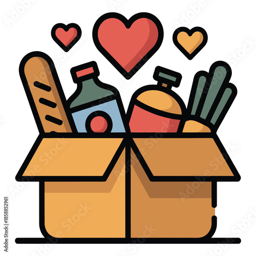 Donation box filled with groceries and love symbol representing charity and giving for those in need during times of hardship and community support