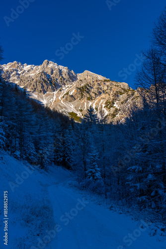 Canvas Print Schneeberg mountain in winter with snow covered slopes and alpine terrain in the Austrian Alps near Vienna