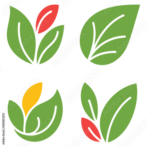 Set of flat design green leaf icons and logos for organic natural food products or nature related concepts various shapes and red and yellow details on white