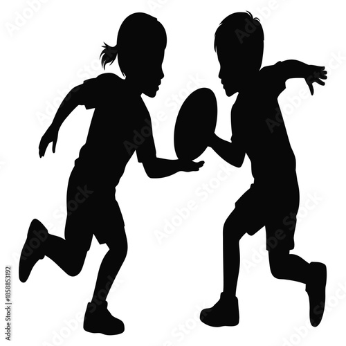 Silhouette of children passing rugby ball during recreational game on isolated white backdrop representing teamwork and outdoor activity