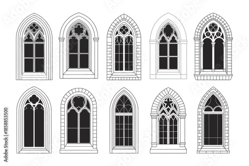 Collection of ten gothic arched window illustrations in different styles