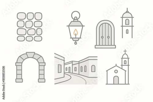 Uruguayan colonial town vector icons thin line minimal style