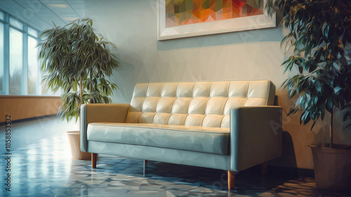 来訪者が静かに待つための待合ソファが配置された、落ち着いたオフィス受付空間の水彩ポリゴン