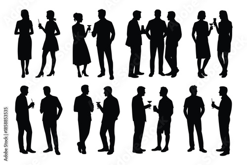 Silhouettes of people socializing and holding drinks at an event