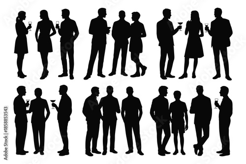Silhouettes of people socializing and holding drinks at an event