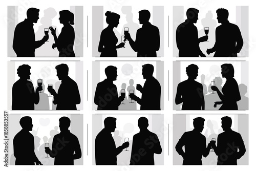 Silhouettes of people socializing with wine glasses at an event
