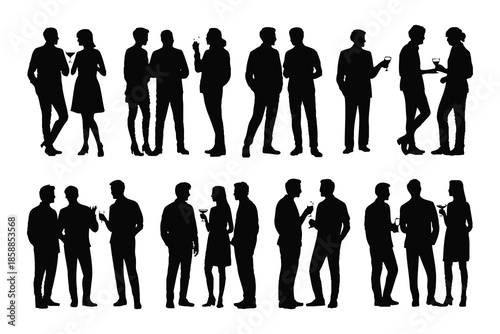 Silhouettes of people socialising and holding drinks at an event