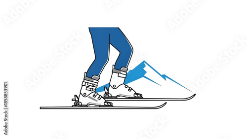 Illustration of skier's legs in blue pants and white boots on skis, with a blue mountain silhouette