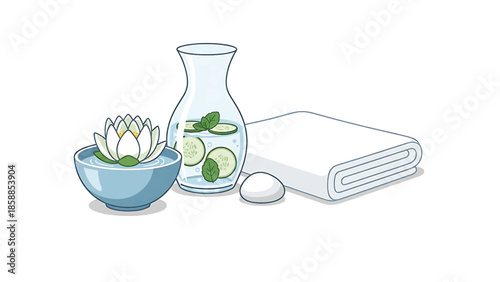 Illustration of spa elements water lily in bowl, cucumber water, massage stone, and folded towel, on white
