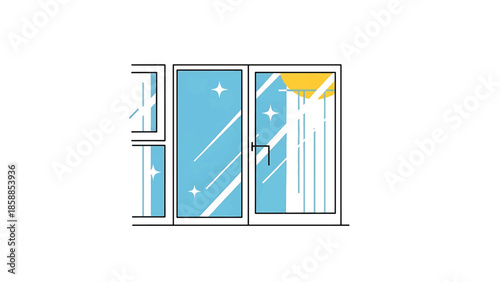 Illustration of sparkling clean windows with a clear blue sky and a glimpse of the sun outside