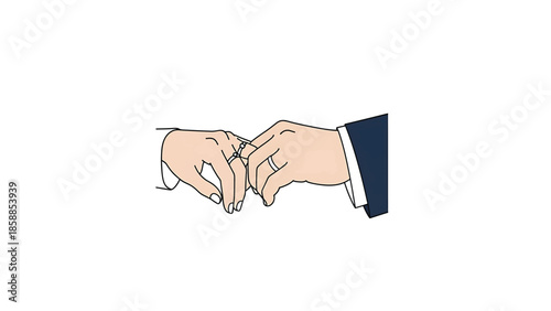Illustration of two hands, one in a suit, one in a cuff, interlocking fingers with wedding rings