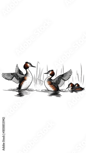 Illustration of two adult grebes displaying in water, wings spread, with two small chicks nearby amongst reeds
