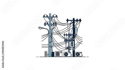 Illustration of utility poles with tangled wires, streetlights, and air conditioning units on a white background