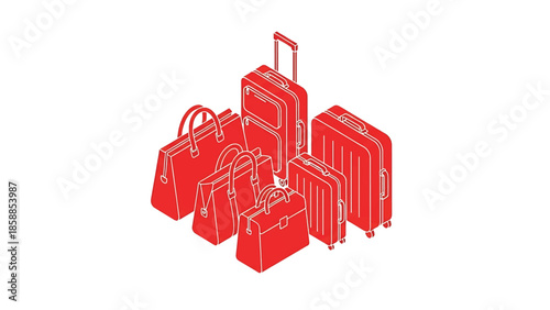 Isometric illustration of various red suitcases and travel bags with white outlines on a clean white background