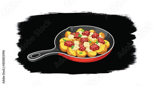 Illustrative skillet of roasted potatoes with chunks of meat, creamy sauce, and fresh herbs