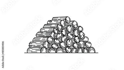 Line art illustration of a neatly stacked pile of cut logs and firewood, presented in a minimal black outline