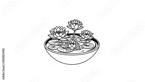 Line art illustration of four water lilies with lily pads in a decorative round bowl filled with water