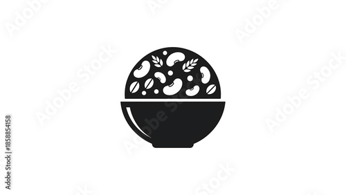 Minimalist black bowl filled with stylized beans, grains, and leaves on a white background