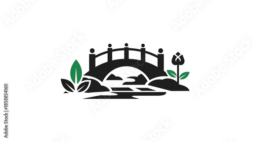 Minimalist black bridge over river, with green and black foliage and a bud on white background