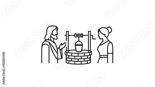 Line art of a man with a beard and a woman standing by a well with a bucket, in conversation