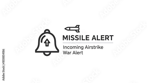 Minimalist black icons on white background show a bell with up arrow, missile, and 'MISSILE ALERT'