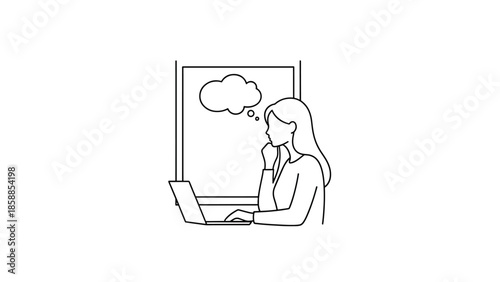 Line art of a thoughtful woman working on a laptop near a window, with a blank thought bubble