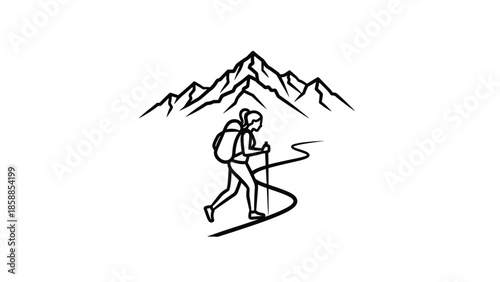 Line art of a person hiking a winding mountain path with backpack and poles, mountains in background