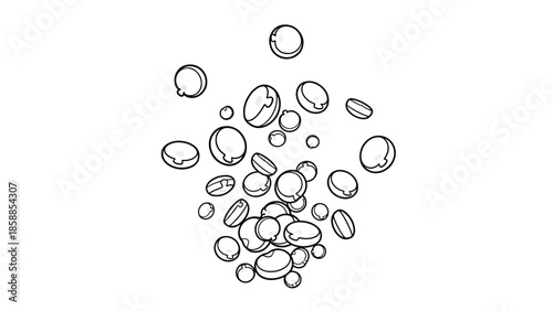 Minimalist black outline illustration of various sized rounded shapes with subtle internal reflections