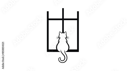 Minimalist black outline of a cat looking out a window frame on a white background