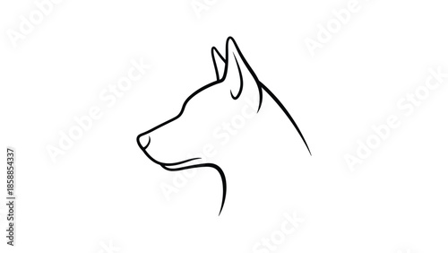Minimalist black outline of a dog's head in profile, featuring pointed ears and a subtle curve