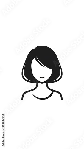 Minimalist black silhouette icon of a person with short bob hair and a gentle smile, on white