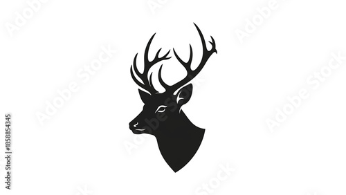 Minimalist black silhouette illustration of a majestic stag head with large antlers on a clean white background