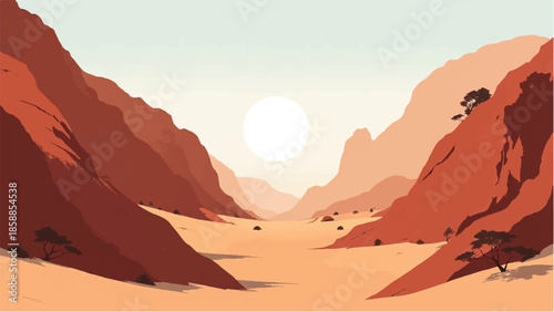 Rocky Desert landscape. Illustration of a desert landscape with sunset. Desert dunes. Vector illustration.