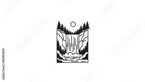 Monoline illustration of a majestic waterfall cascading down rocky cliffs, surrounded by towering pine trees under a simple sun