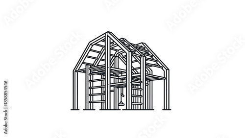Monoline illustration of an intricate outdoor fitness rig or calisthenics playground structure, minimalist design on white