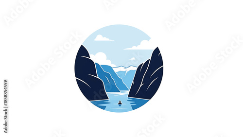 Minimalist vector illustration of a small boat on serene water, surrounded by towering cliffs, under a cloudy sky