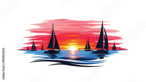 Multiple sailboats silhouetted against a vibrant sunset over a calm sea, with rich red and orange sky