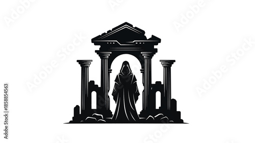 Mysterious hooded figure stands before crumbling ancient stone ruins, a dark silhouette against white